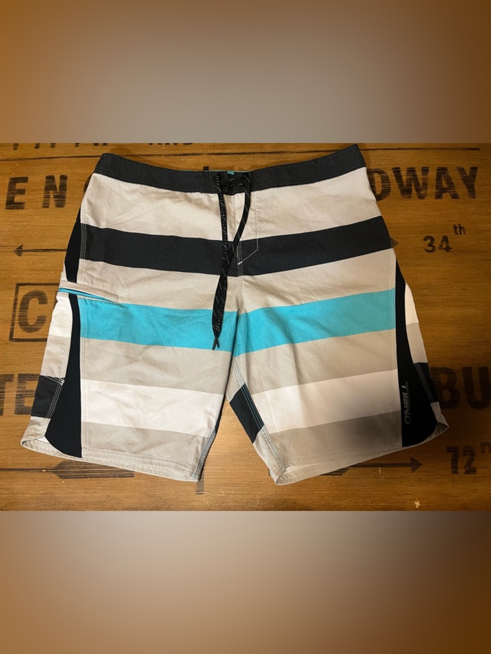 Striped Beige & Aqua Men's Swim Board Shorts